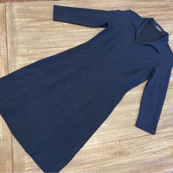 J McLaughlin navy blue dress knee length long sleeve v neck xs jacquard collar - Picture 2 of 8